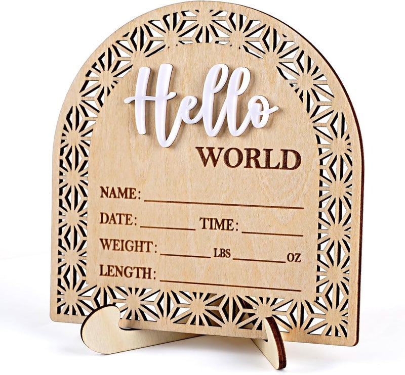 HOUISM Bleed Proof Engineered Wood, 5.5 Inch Wooden Birth Announcement Sign with Easel Stand, 3D Arcylic Hello Sign, Newborn Announcement Plaque for Girl Boy Photo Prop Baby Shower Nursery Hospital - Birch - Image 1